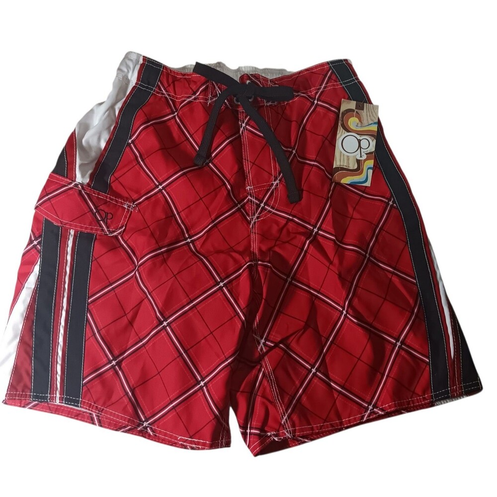 Vintage NWT OP Red & Black Plaid Bathing Suit Swim Trunks Board Shorts M NOS